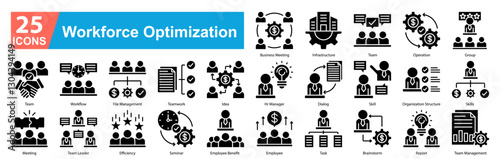 Workforce Optimization Icon Sheet Glyph business meeting, infrastructure, team, operation, group, team, workflow, file management, teamwork, idea, hr manager, dialog, skill, organization structure