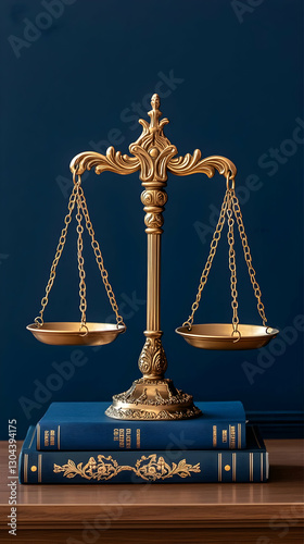 Justice scales on books, dark blue wall