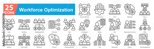 Workforce Optimization Icon Sheet Outline business meeting, infrastructure, team, operation, group, team, workflow, file management, teamwork, idea, hr manager, dialog, skill, organization structure