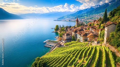 Majestic aerial view of Montreux, Switzerland, with its charming town, serene lake, and breathtaking vineyard-covered slopes.