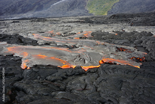 Hot magma flows  over old lava field