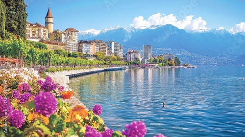 Majestic Montreux landscape, where vineyards meet luxury hotels and scenic lakefront promenades.