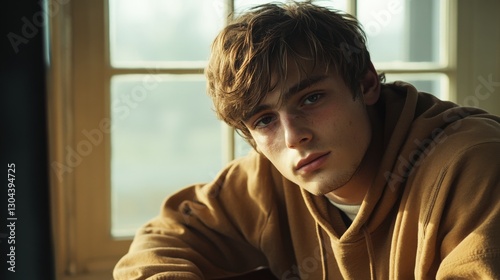Teenage boy reflecting on his feelings in a cozy room Free Download Teenage boy reflecting on his feelings in a cozy room - GFXLoad
