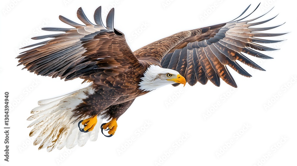 Obraz premium Majestic Bald Eagle Soaring Through Clear Blue Sky with Outstretched Wings and Vibrant Feathers