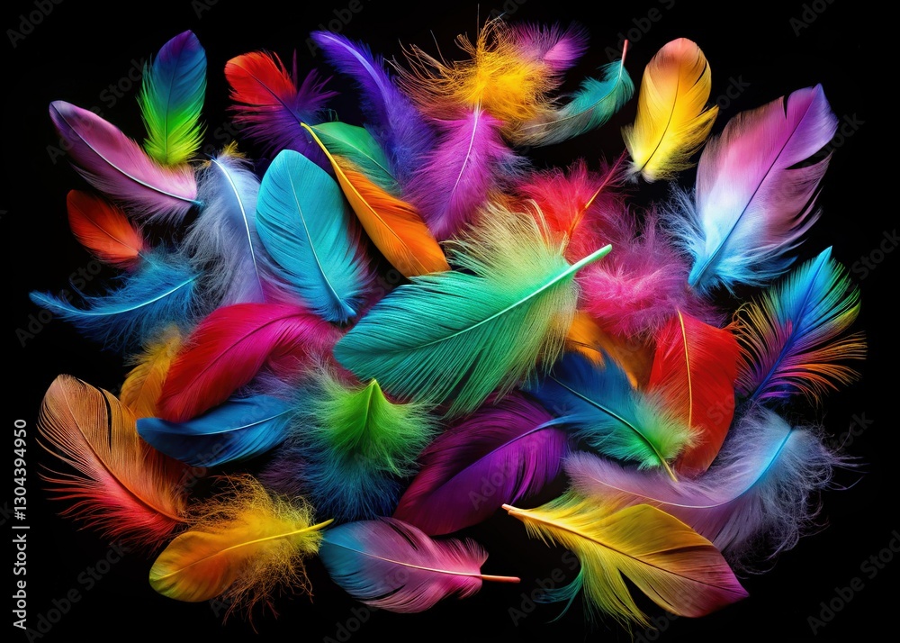 Vibrant Colorful Feathers Scattered on Black Background - Stock Photo Vibrant Colorful Feathers Scattered on Black Background - Stock Photo