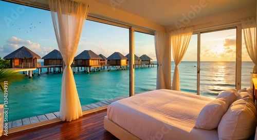 Waking Up to a Stunning Sunrise at a Luxury Beachfront Resort, looping 4k time-lapse virtual video animation Generated AI.