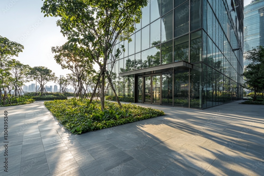 Design Concept for Print, Card, and Poster: Modern Hospital Exterior with Lush Landscaping and a Glass Façade Design Concept for Print, Card, and Poster: Modern Hospital Exterior with Lush Landscaping and a Glass Façade
