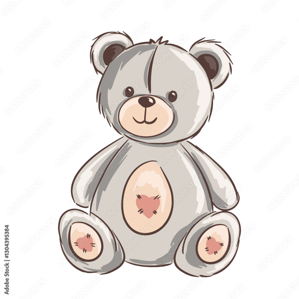 Fototapeta premium Cute gray teddy bear illustration with heart patches and soft texture vector illustration