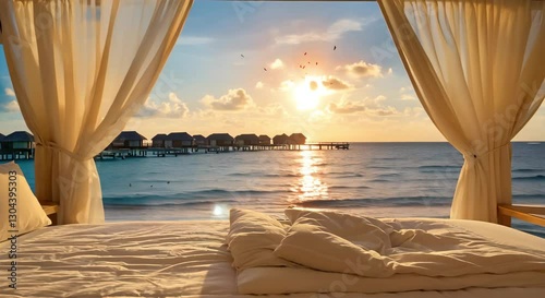Luxurious Beachfront Balcony Overlooking a Turquoise Ocean, looping 4k time-lapse virtual video animation Generated AI.