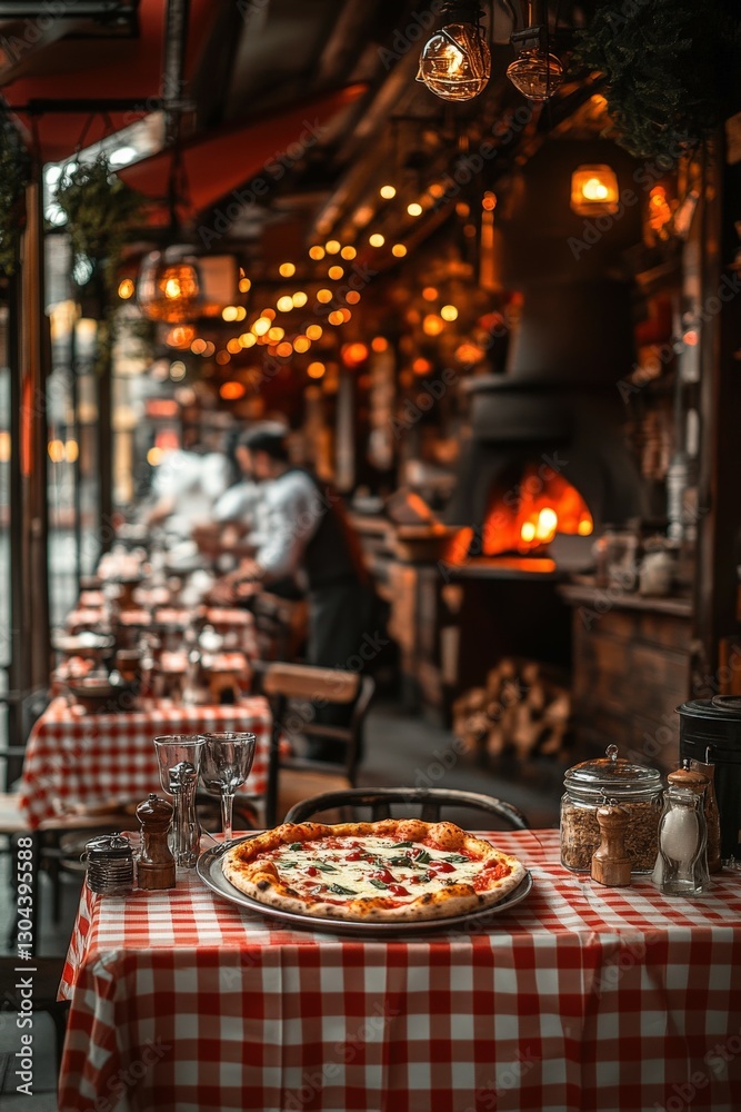 Fototapeta premium Cozy Italian restaurant with freshly baked pizza in evening light