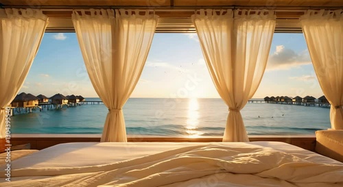 First-Person View of a Dreamy Tropical Morning Retreat, looping 4k time-lapse virtual video animation Generated AI.