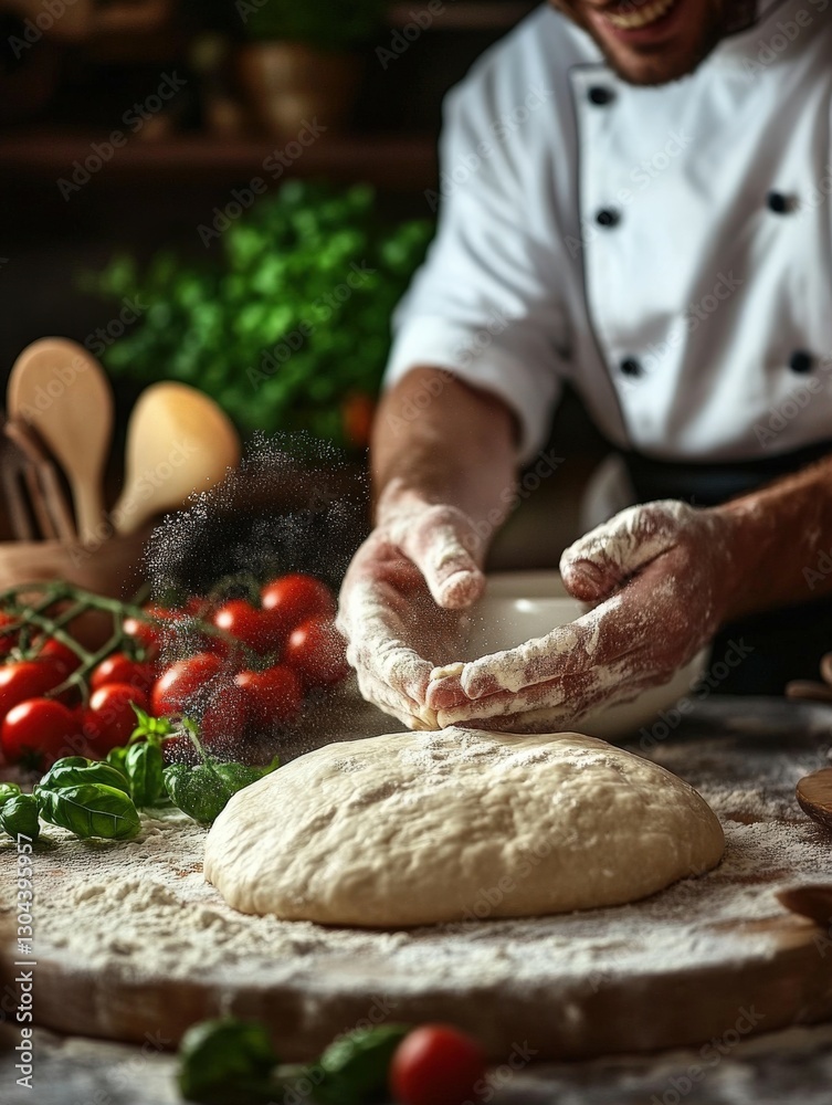 Baker prepares fresh dough in a rustic kitchen setting Baker prepares fresh dough in a rustic kitchen setting