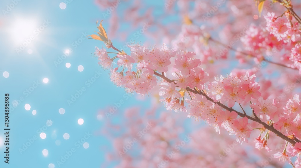 Delicate Cherry Blossom Branch in Springtime Bloom, Soft Lens Flare on a Blue Sky Background Delicate Cherry Blossom Branch in Springtime Bloom, Soft Lens Flare on a Blue Sky Background
