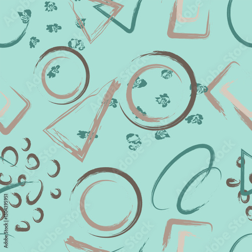 Abstract seamless geometric pattern in brown and blue tones. Brown and beige brush strokes, circles, triangles, spots on a blue background. Great for textiles, packaging, printing