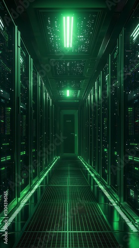 Green Data Center: A futuristic server room with rows of illuminated server racks and panels. A corridor of advanced technology and data storage, bathed in vibrant green hues.