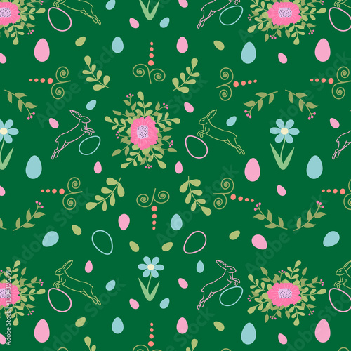 Wallpaper Mural Seamless Easter pattern. On a green, spring background, Easter bunnies, bouquets, flowers, eggs. Festive, bright background. Suitable for Easter gift wrapping, textiles and printing. Torontodigital.ca