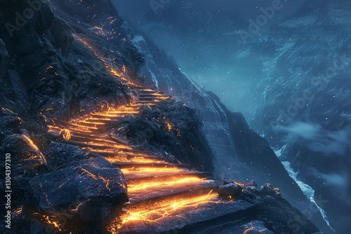 Glowing path through a dark mountainous landscape, concept: fantasy, adventure, journey, landscape, nature, pathway,  scenic, trail