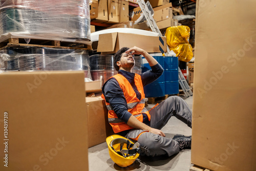 Exhausted interracial warehouseman sitting on floor surrounded by boxes and rubbing his painful head. photo