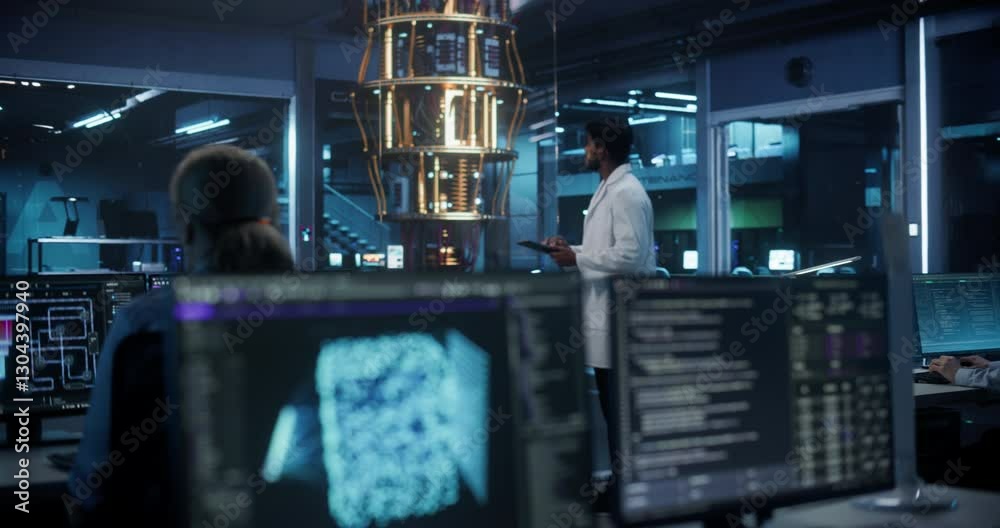 Young Indian Scientist Inspecting a Quantum Computer, Using a Tablet to ...