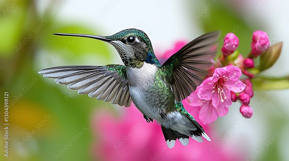 Hummingbird in flight near pink blossoms Hummingbird in flight near pink blossoms