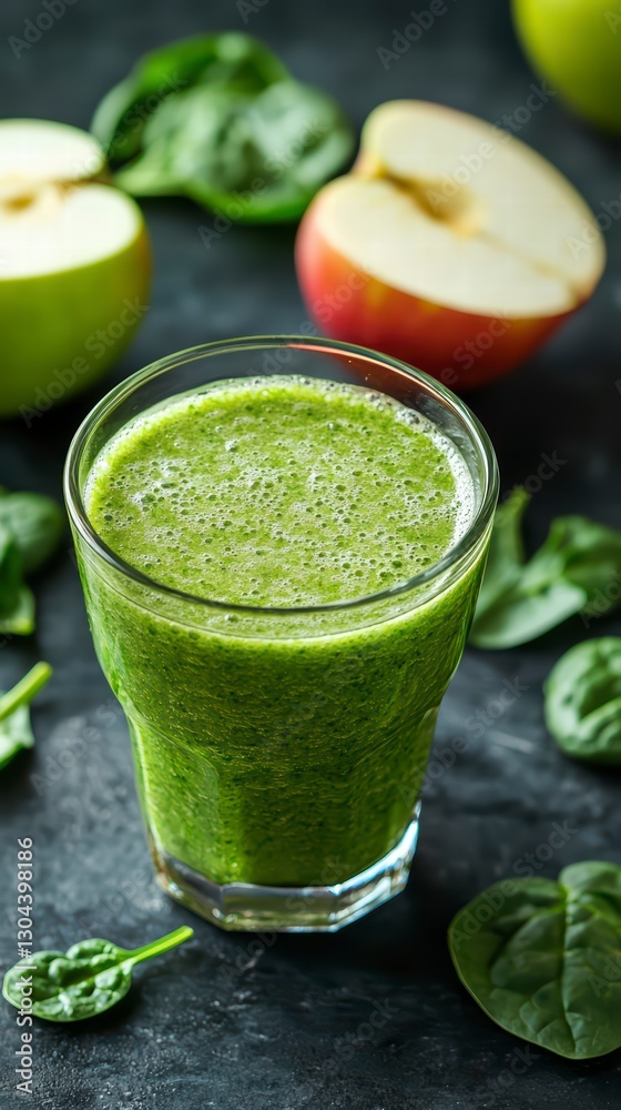 A Refreshing Elixir: A close-up of a vibrant green smoothie in a clear glass, surrounded by fresh green apples and spinach leaves, evoking a sense of health and natural goodness. A Refreshing Elixir: A close-up of a vibrant green smoothie in a clear glass, surrounded by fresh green apples and spinach leaves, evoking a sense of health and natural goodness.