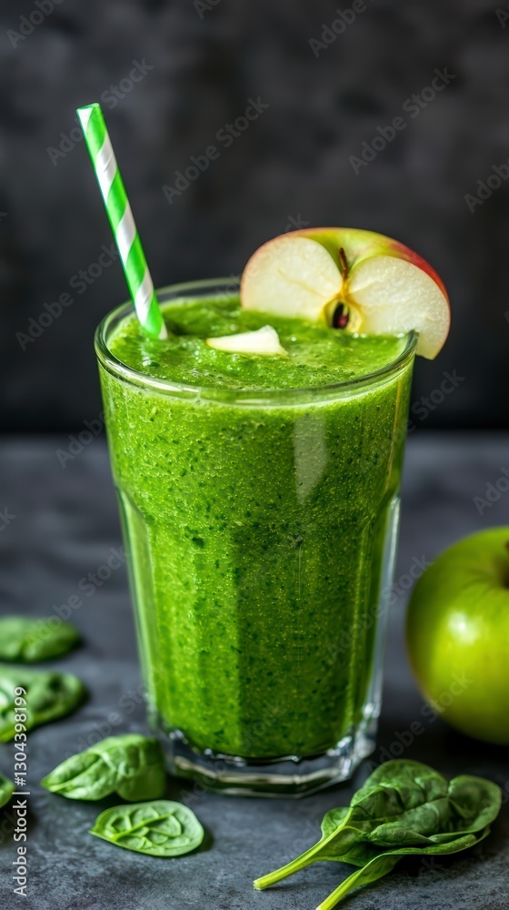 Emerald Elixir: A vibrant green smoothie, artfully presented in a tall glass with a straw and a fresh apple slice garnish, represents health and wellness Emerald Elixir: A vibrant green smoothie, artfully presented in a tall glass with a straw and a fresh apple slice garnish, represents health and wellness