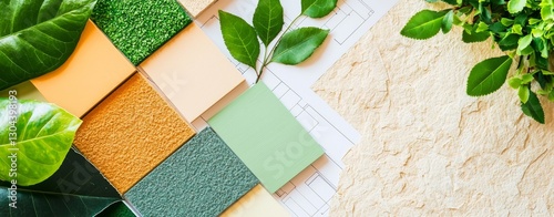 Eco-friendly materials and greenery are intertwined on a blueprint to showcase sustainable construction methods
