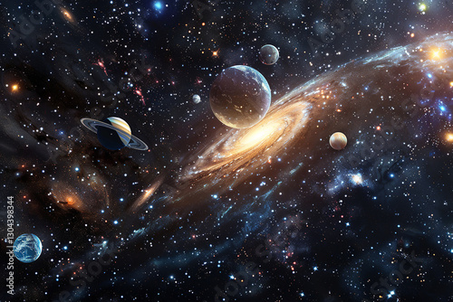 A galaxy with planets in space, concept: space, galaxy, planets, universe
