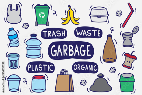 set of garbage doodle with color good for background, wallpaper, element design, icon, etc