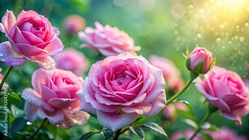Wallpaper Mural Aerial View Dewy Pink Roses Serene Garden Soft Blurred Green Pink Background Torontodigital.ca