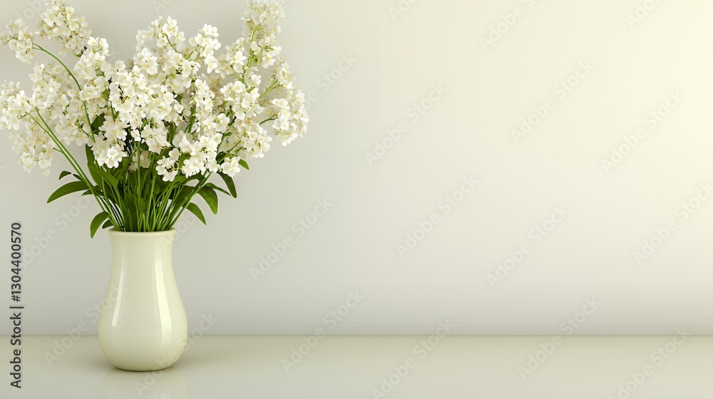 White Flower Bouquet in Cream Vase on Off White Background White Flower Bouquet in Cream Vase on Off White Background