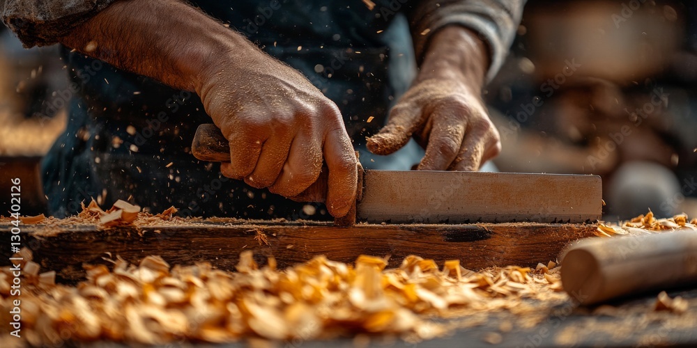 Carpenter using hand plane on wood with sawdust flying Carpenter using hand plane on wood with sawdust flying