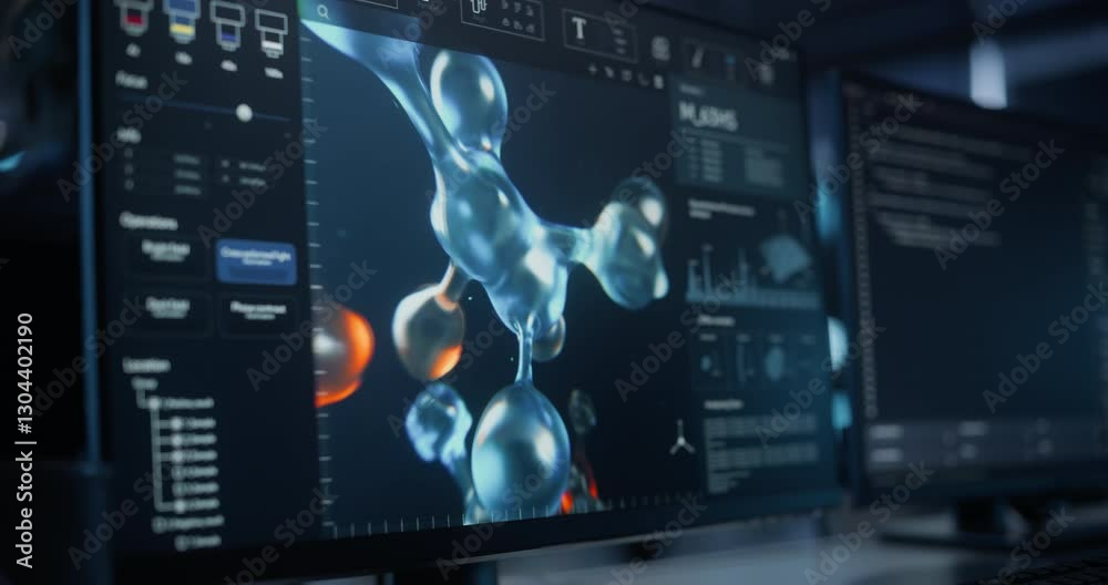 Computer Screen with Molecular Modelling Software Simulating Proteins, Designing New Gene Structure, Visualizing DNA Chemical Reactions and Source Code. Gene Editing Healthcare Technology Concept