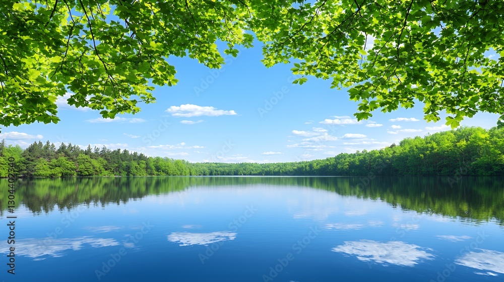 Serene Lake Landscape with Lush Green Trees and Blue Sky Reflection Serene Lake Landscape with Lush Green Trees and Blue Sky Reflection