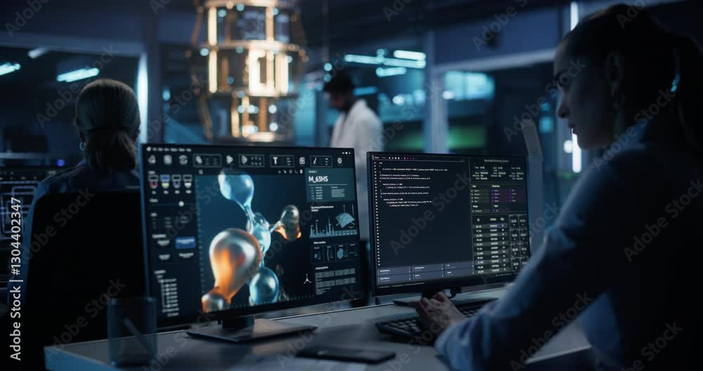 Female Chemist Working in Modern Office on a Desktop Computer with Molecular Modelling Software. Genetic Healthcare Engineer is Designing New Drug Molecules to Combat Bacteria