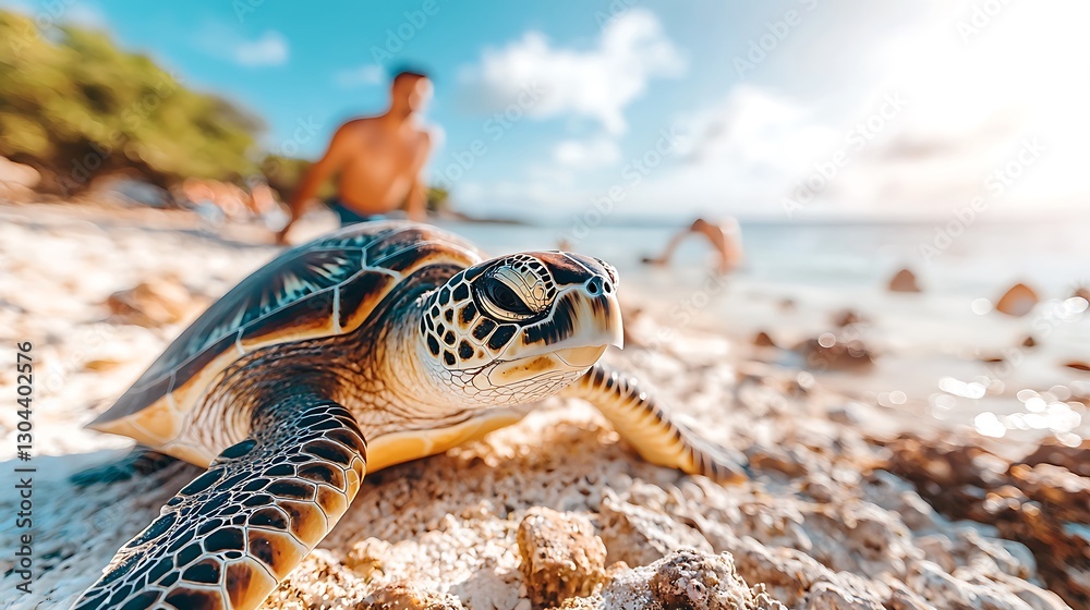 Obraz premium Turtle encounter close-up photography in a sunlit tropical paradise and coastal conservation