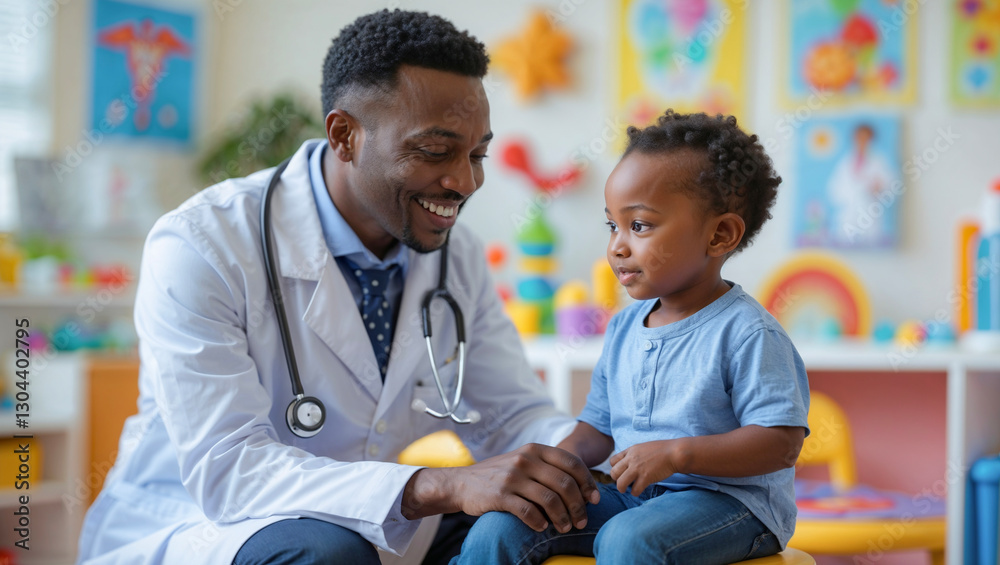 Fototapeta premium Friendly pediatrician interacting with toddler patient in colorful daycare center