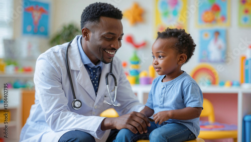 Friendly pediatrician interacting with toddler patient in colorful daycare center