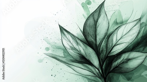 Graceful Mint Green Watercolour Background With Detailed Botanical Sketches, Airy And Elegant Style