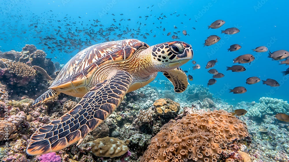 Fototapeta premium Swimming green turtle among colorful corals underwater ocean scene marine life vibrant ecosystem perspective