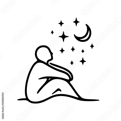 Person stargazing at night, black and white vector