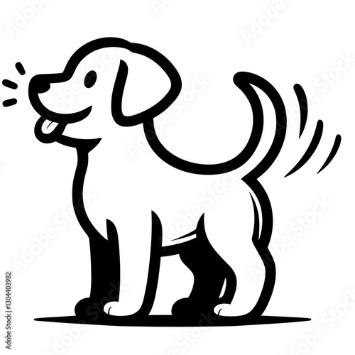 Happy dog wagging tail, black and white vector