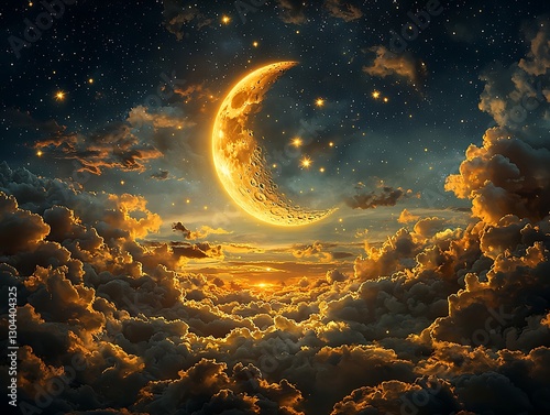 Crescent Moon Above Cloudy Sunset