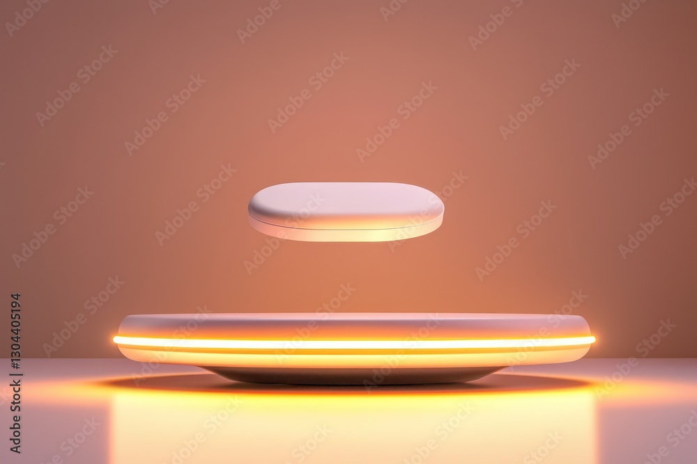 3D abstract glowing podium with floating product mockup, plenty of space for ad or branding. 3D abstract glowing podium with floating product mockup, plenty of space for ad or branding.