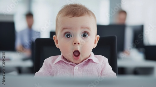 Excited Baby in Office Environment Surprised by Computer Screen or Work Situation with Business Background
