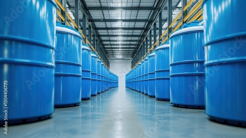 Industrial warehouse interior with rows of large blue storage barrels for chemical or liquid containment