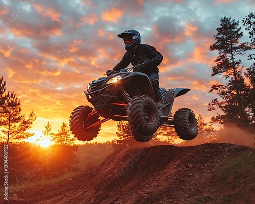 ATV Rider Jumps Hill at Sunset
