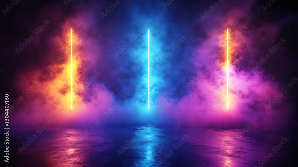 Fototapeta premium Vibrant neon lights illuminate smoky scene. AI Generated