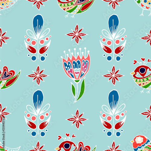  Folk bird and flower ornament. Pattern in hand draw style, created for fabrics