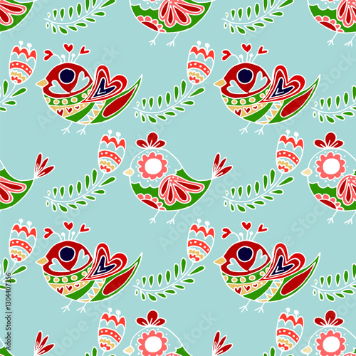  Folk bird and flower ornament. Pattern in hand draw style, created for fabrics